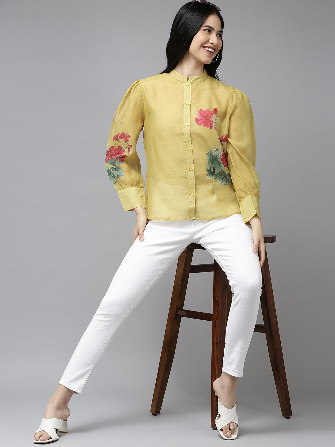 Women's Mustard Yellow & Red Floral Print Shirt Style Top - Bhama - Distacart