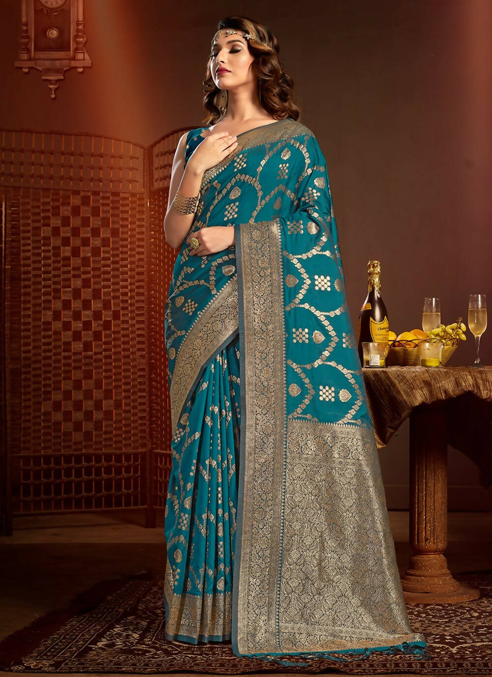 Blue Silk Ethnic Motif Woven Design Saree with Unstitched Blouse Piece - Aachal - Distacart