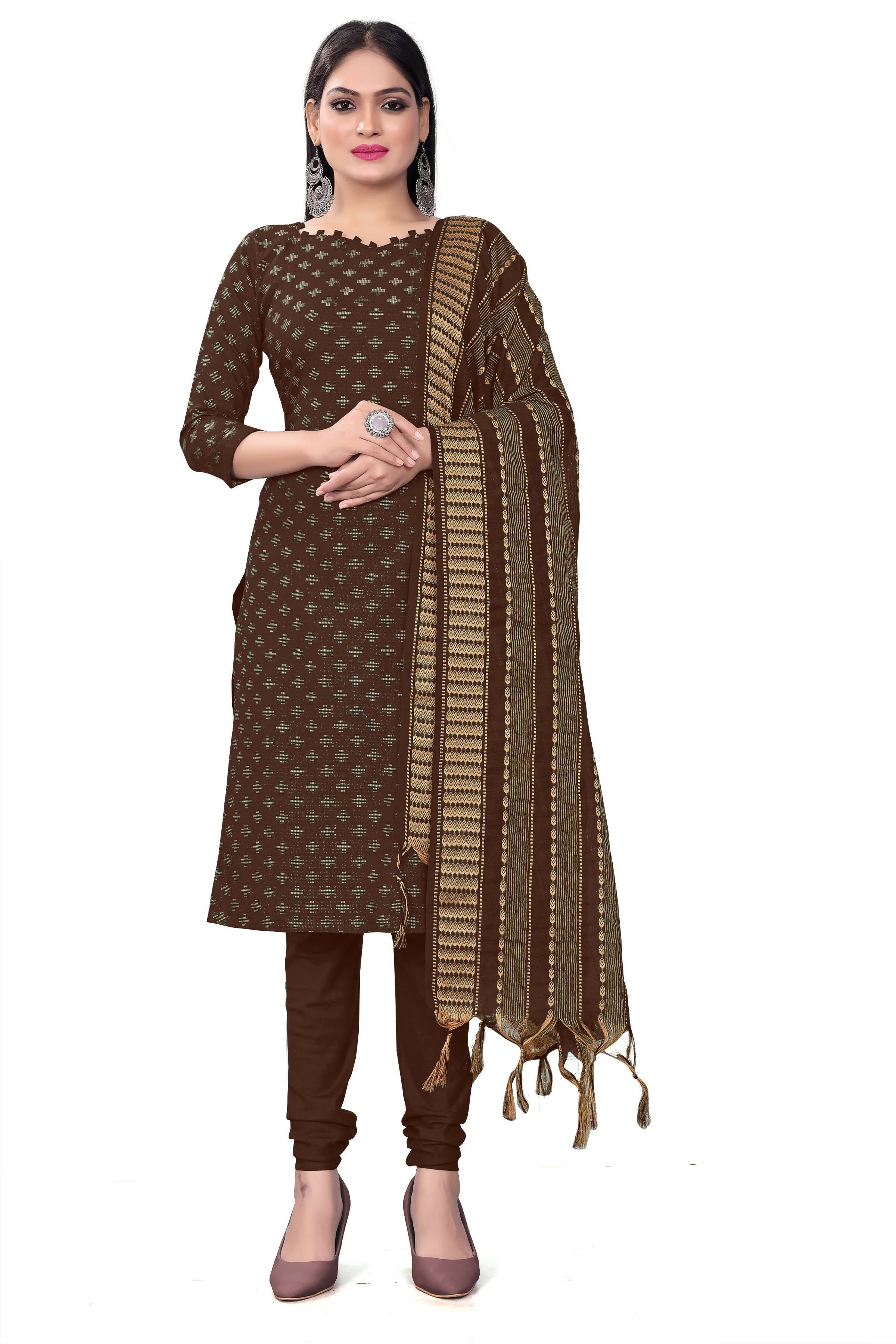 Brown Cotton Jacquard Woven Unstitched Dress Material - Amara - Distacart
