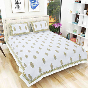 Premium Hand Block Printed Rajasthani Double Bedsheet Bedspread with 2 Pillow Covers - Distacart
