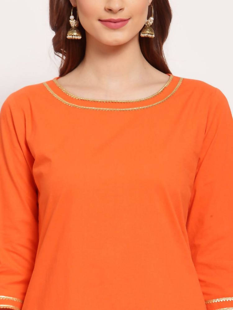 Myshka Women's Orange Solid Cotton 3/4 Sleeve Round Neck Casual Kurta Pant Dupatta Set