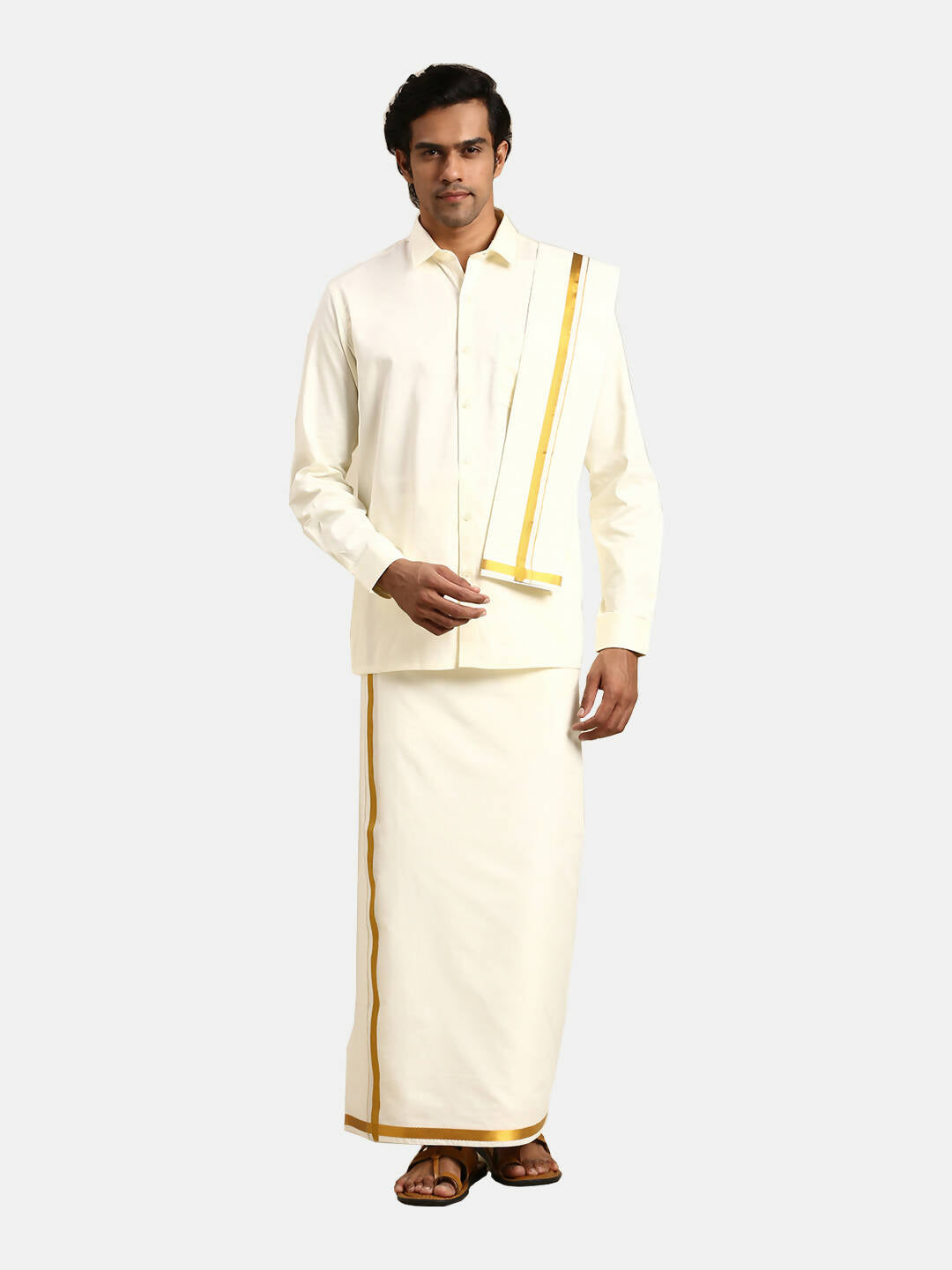 Ramraj Cotton 2 In 1 Set For Mens Readymade Cream Double Layer Pocket Dhoti With 3/4 Inch Golden Jari And Towel - Distacart