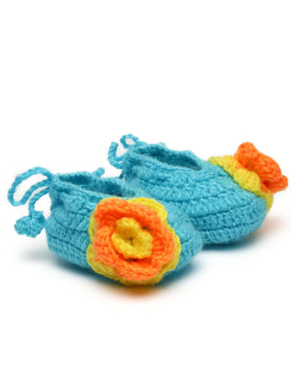 Chutput Kids Woollen Hand Knitted Flower Detailed Booties - Blue - Distacart