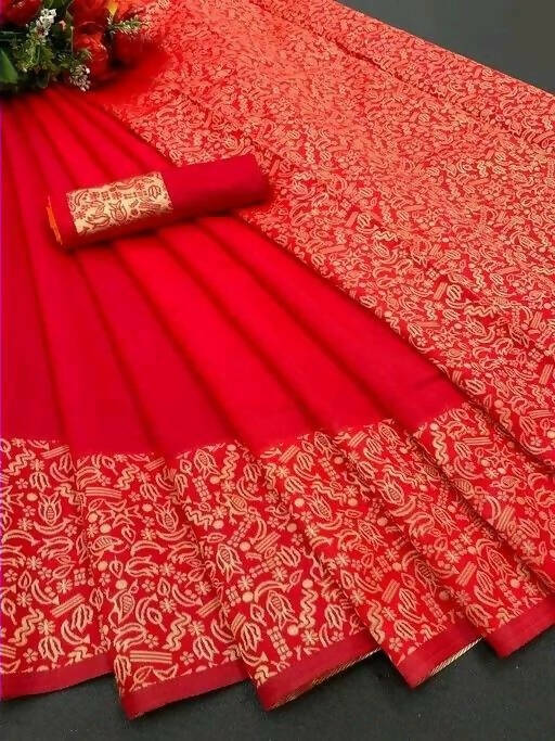 DEIANA'S Beautiful Golden Jari with New Design Soft Lichi Silk Saree - Red - Distacart