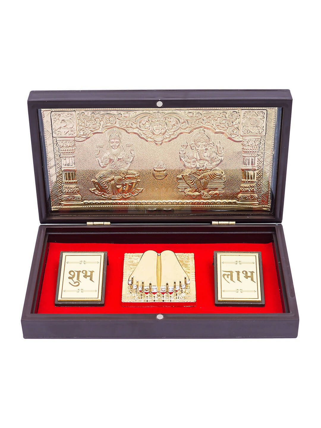 Golden Peacock Brown & Gold-Toned 24 Ct Gold Foil Laxmi And Ganesh Pooja Box - Distacart