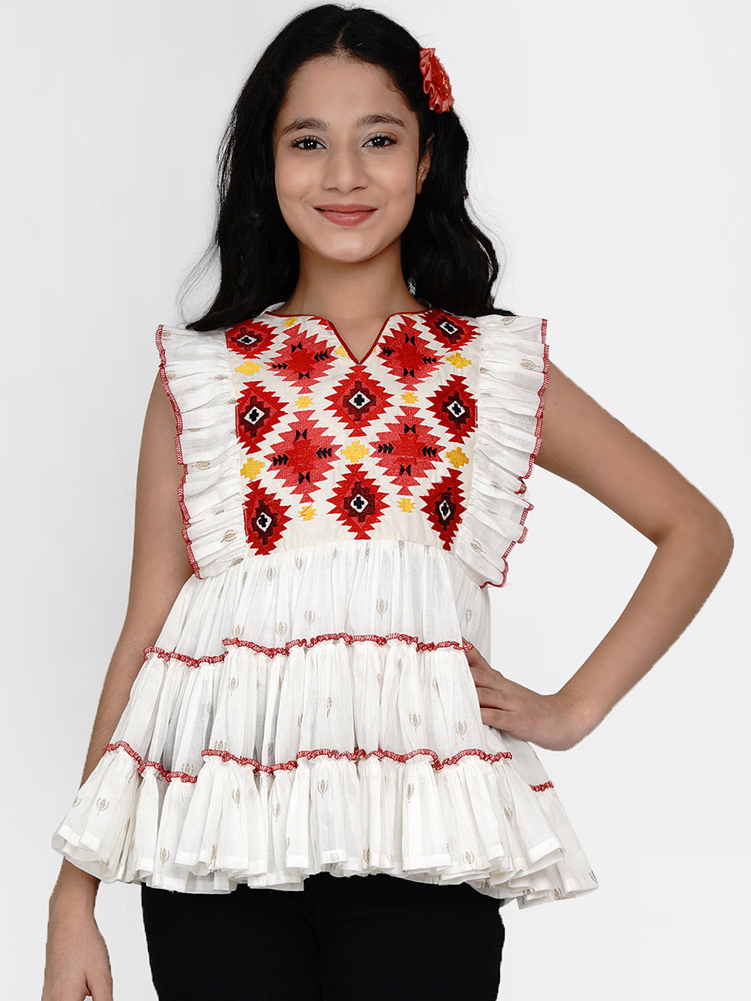 Girls White & Red Geometric Tiered Top for Kids - Bhama - Distacart