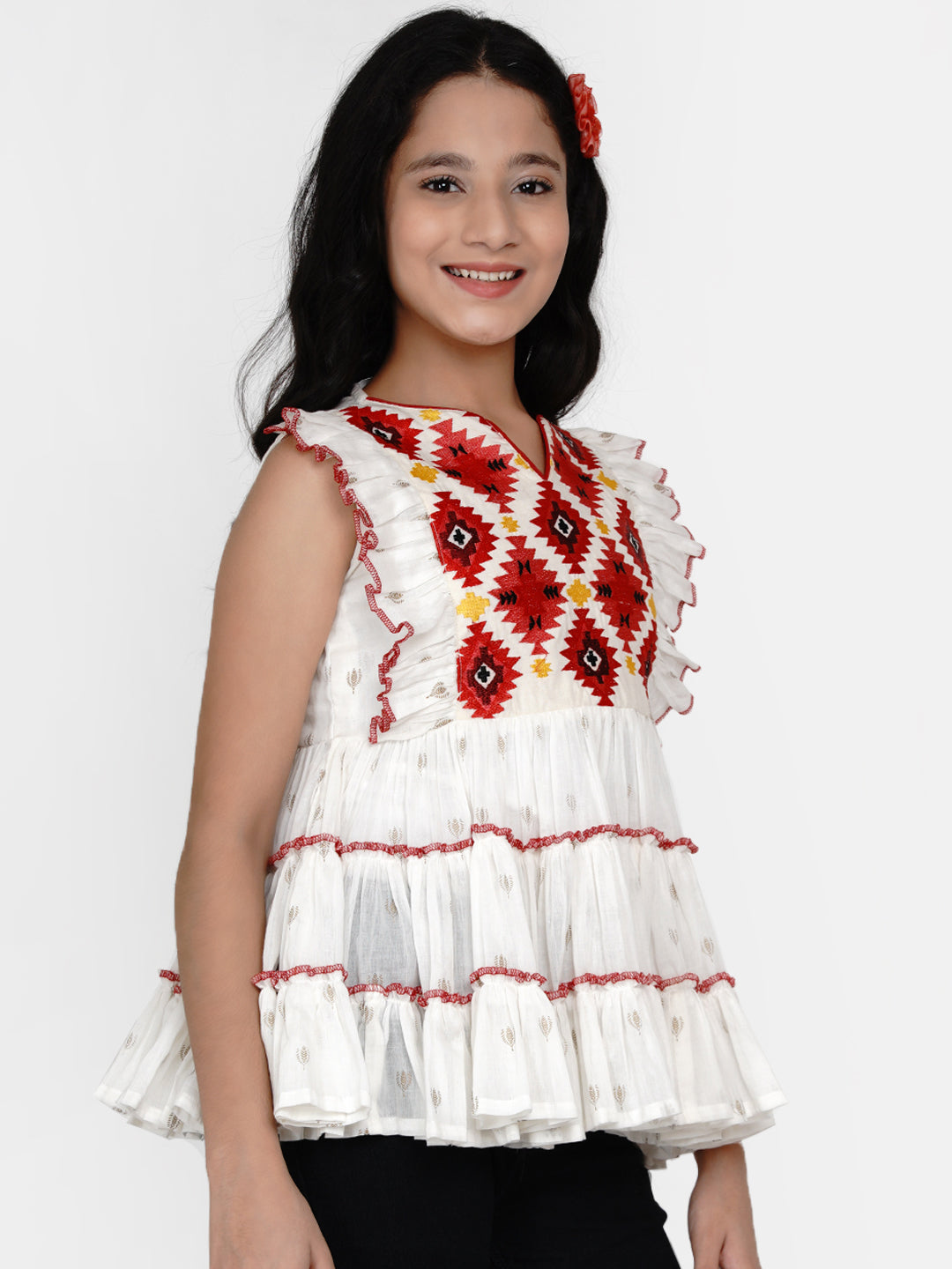 Girls White & Red Geometric Tiered Top for Kids - Bhama - Distacart