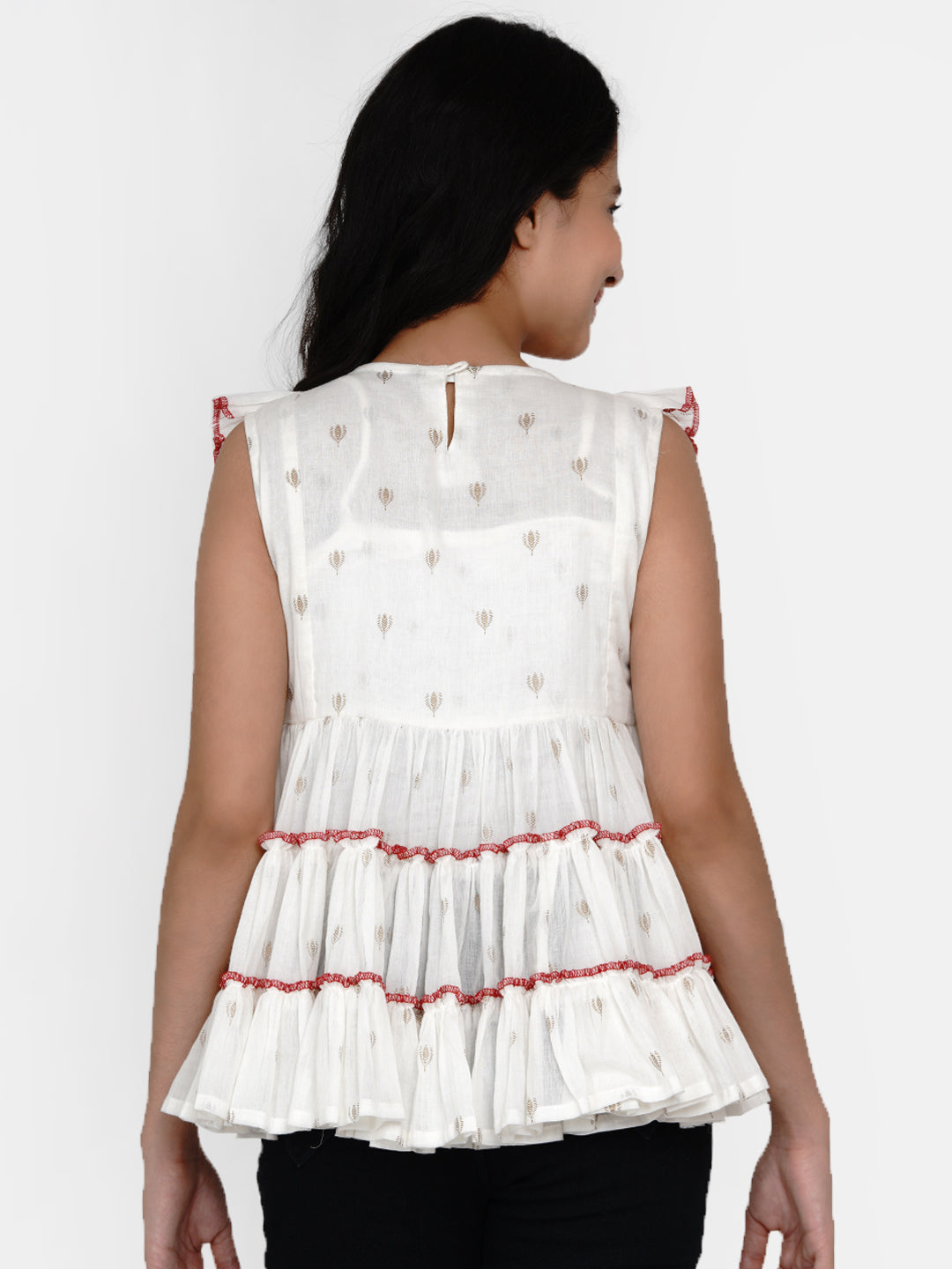 Girls White & Red Geometric Tiered Top for Kids - Bhama - Distacart
