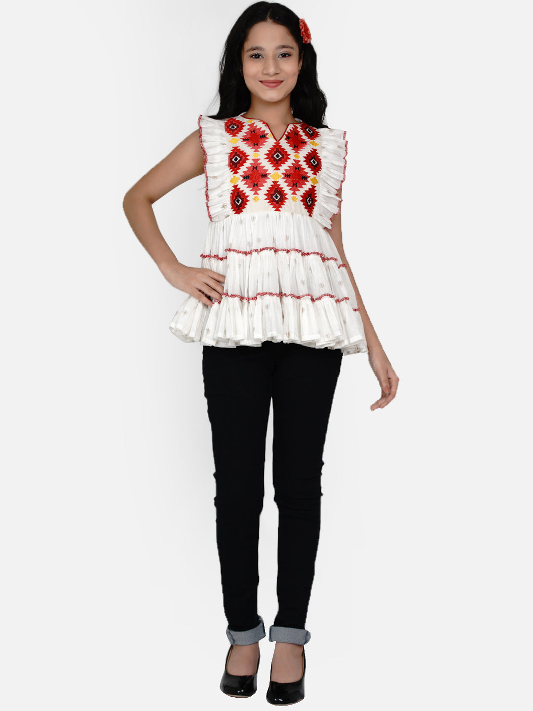 Girls White & Red Geometric Tiered Top for Kids - Bhama - Distacart
