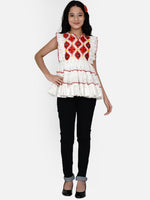 Thumbnail for Girls White & Red Geometric Tiered Top for Kids - Bhama - Distacart