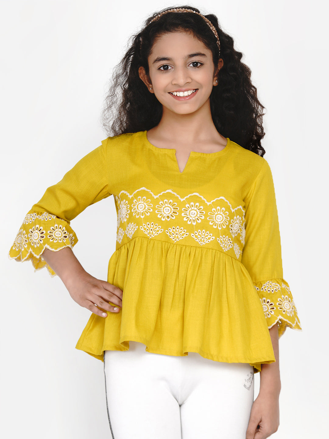 Mustard Yellow Embroidered Top for Kids - Bhama - Distacart
