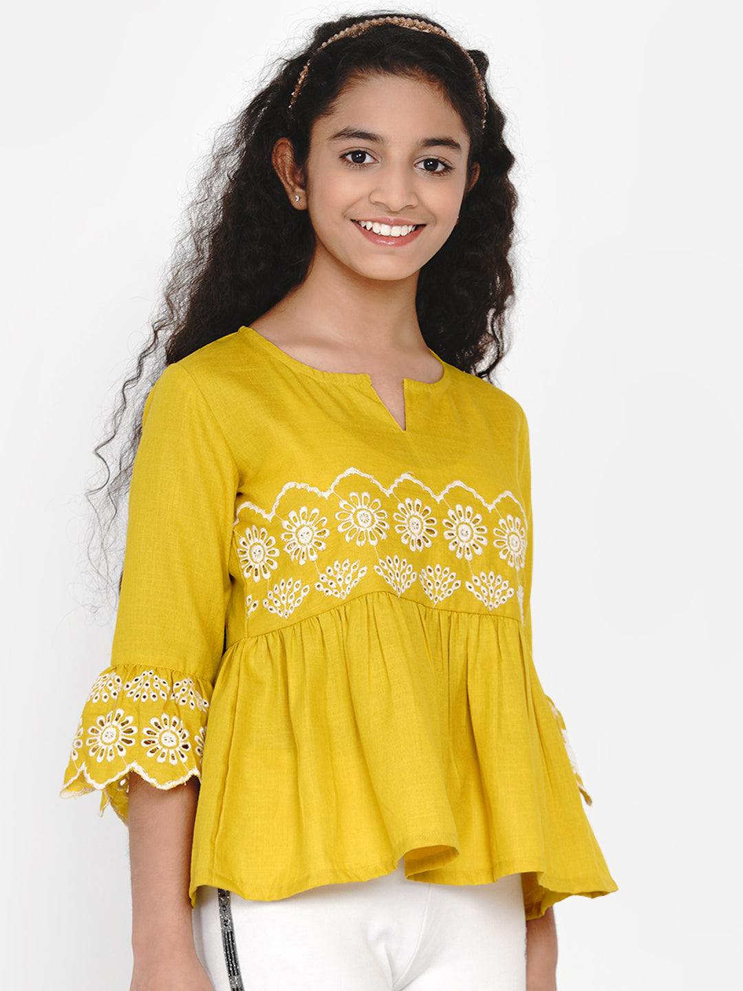 Mustard Yellow Embroidered Top for Kids - Bhama - Distacart