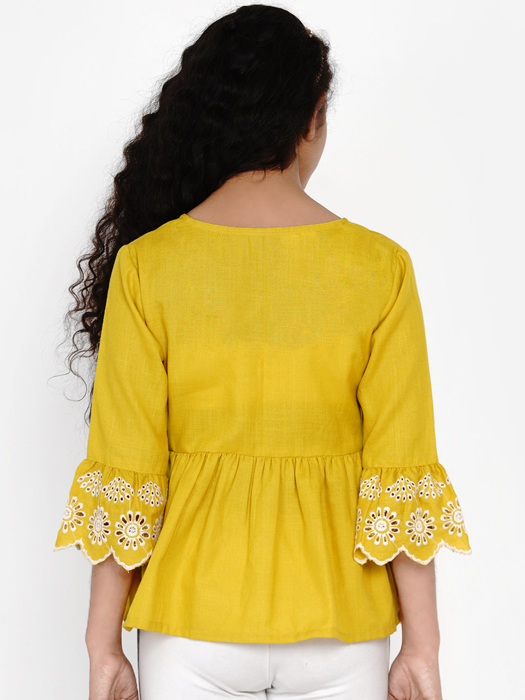 Mustard Yellow Embroidered Top for Kids - Bhama - Distacart