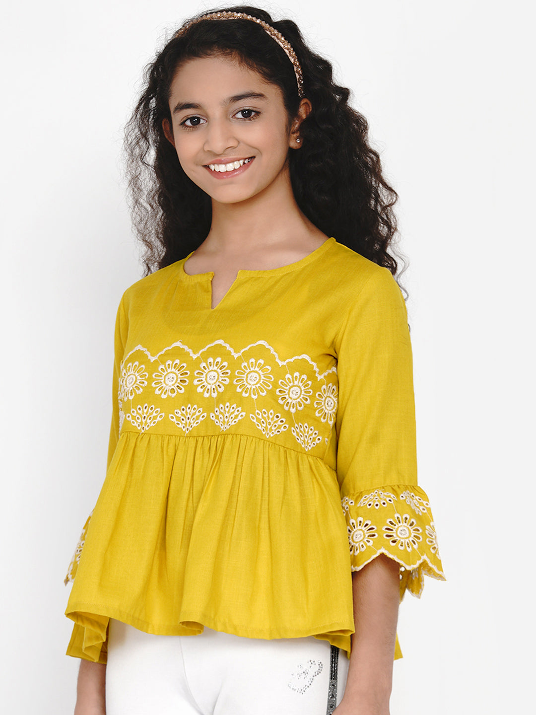 Mustard Yellow Embroidered Top for Kids - Bhama - Distacart