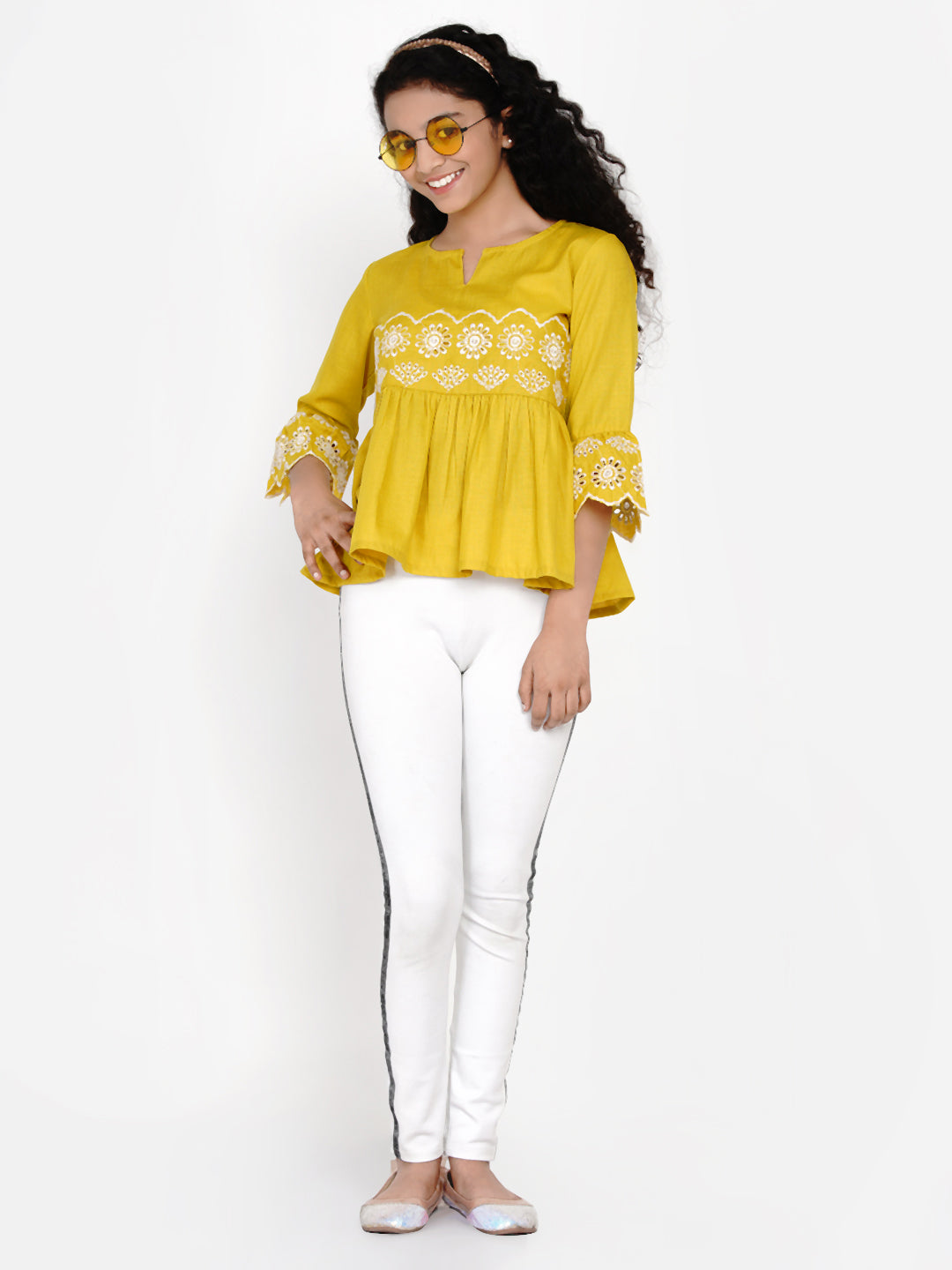 Mustard Yellow Embroidered Top for Kids - Bhama - Distacart