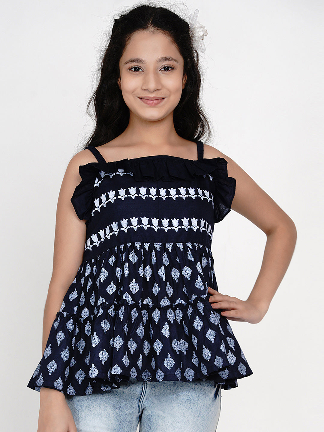 Girls Blue & White Peplum Top for Kids - Bhama - Distacart