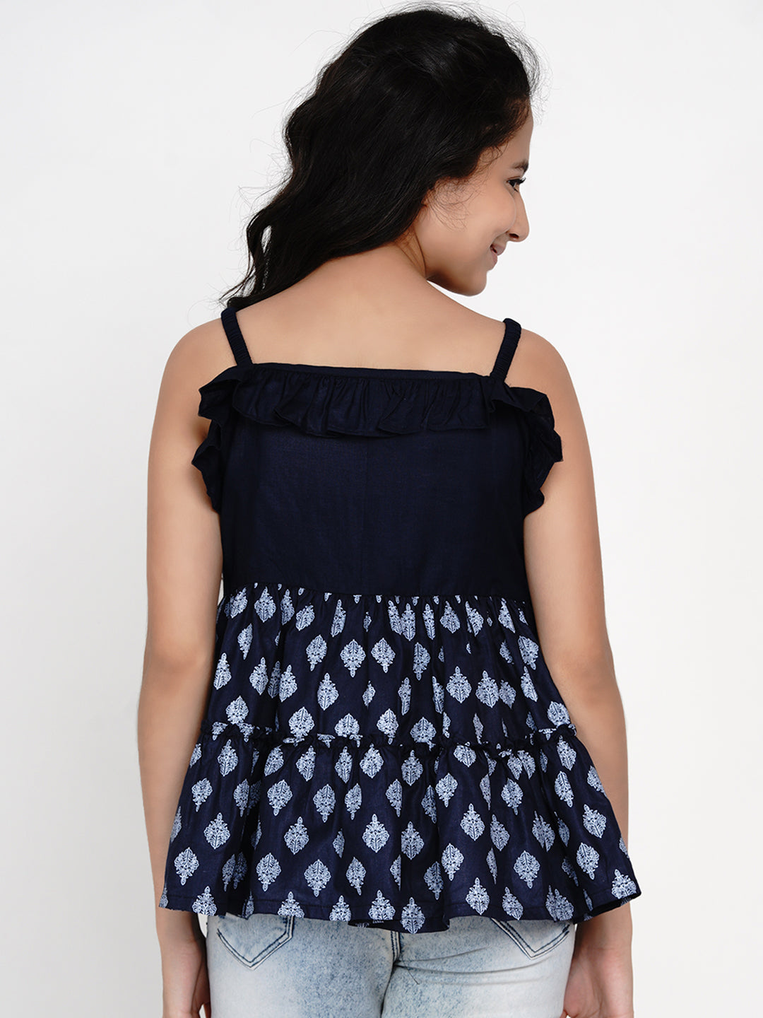 Girls Blue & White Peplum Top for Kids - Bhama - Distacart