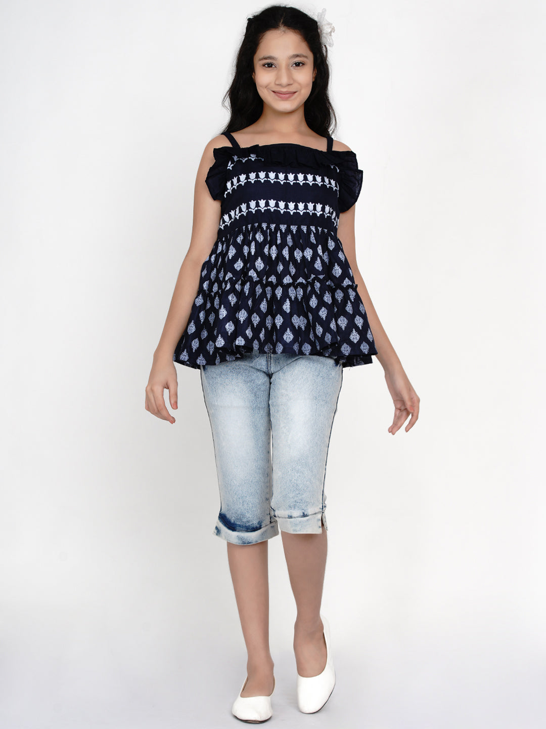 Girls Blue & White Peplum Top for Kids - Bhama - Distacart