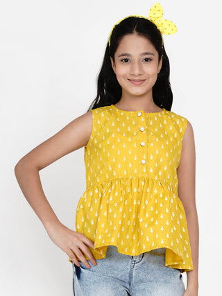 Mustard Yellow Floral Regular Top for Kids - Bhama - Distacart