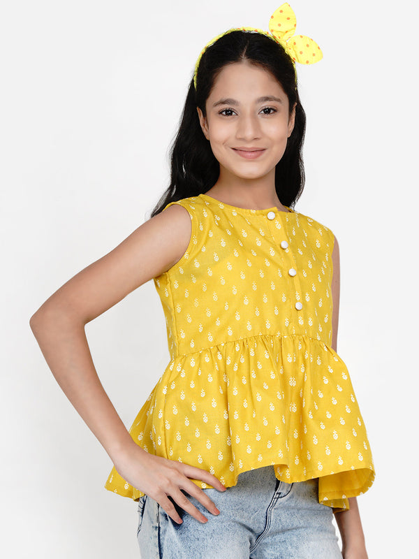 Mustard Yellow Floral Regular Top for Kids - Bhama - Distacart