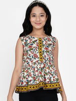 Thumbnail for Girls Off White & Yellow Ethnic Printed Peplum Top for Kids - Bhama - Distacart