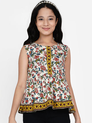 Girls Off White & Yellow Ethnic Printed Peplum Top for Kids - Bhama - Distacart