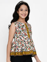 Thumbnail for Girls Off White & Yellow Ethnic Printed Peplum Top for Kids - Bhama - Distacart