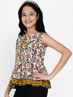 Thumbnail for Girls Off White & Yellow Ethnic Printed Peplum Top for Kids - Bhama - Distacart