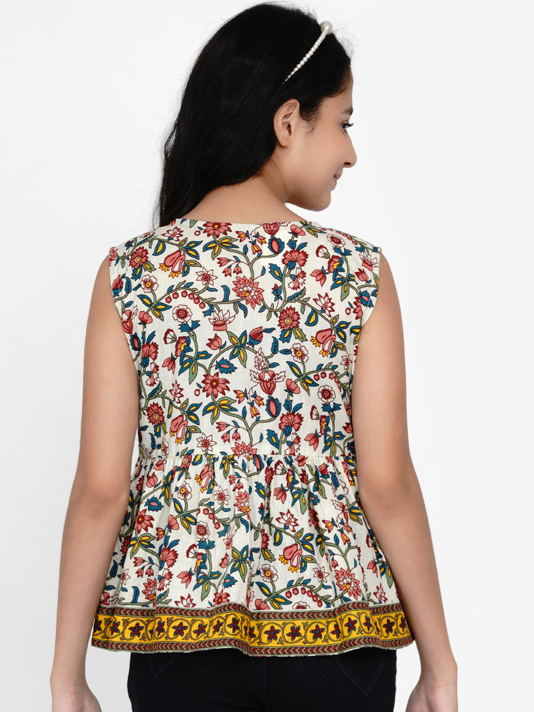 Girls Off White & Yellow Ethnic Printed Peplum Top for Kids - Bhama - Distacart
