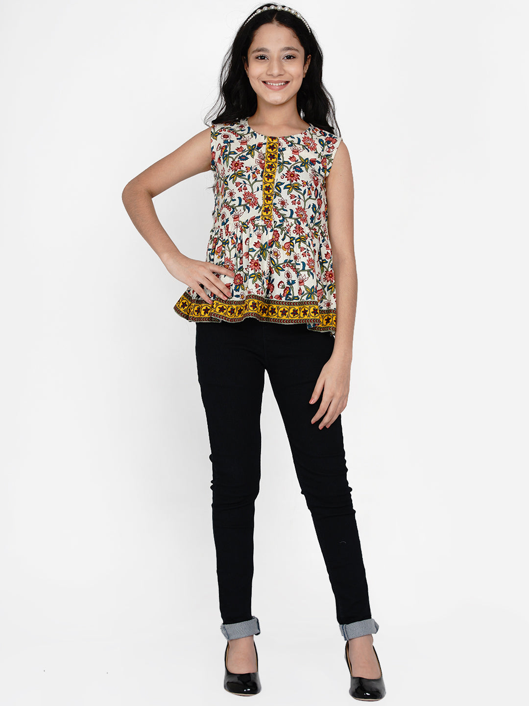 Girls Off White & Yellow Ethnic Printed Peplum Top for Kids - Bhama - Distacart