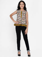 Thumbnail for Girls Off White & Yellow Ethnic Printed Peplum Top for Kids - Bhama - Distacart