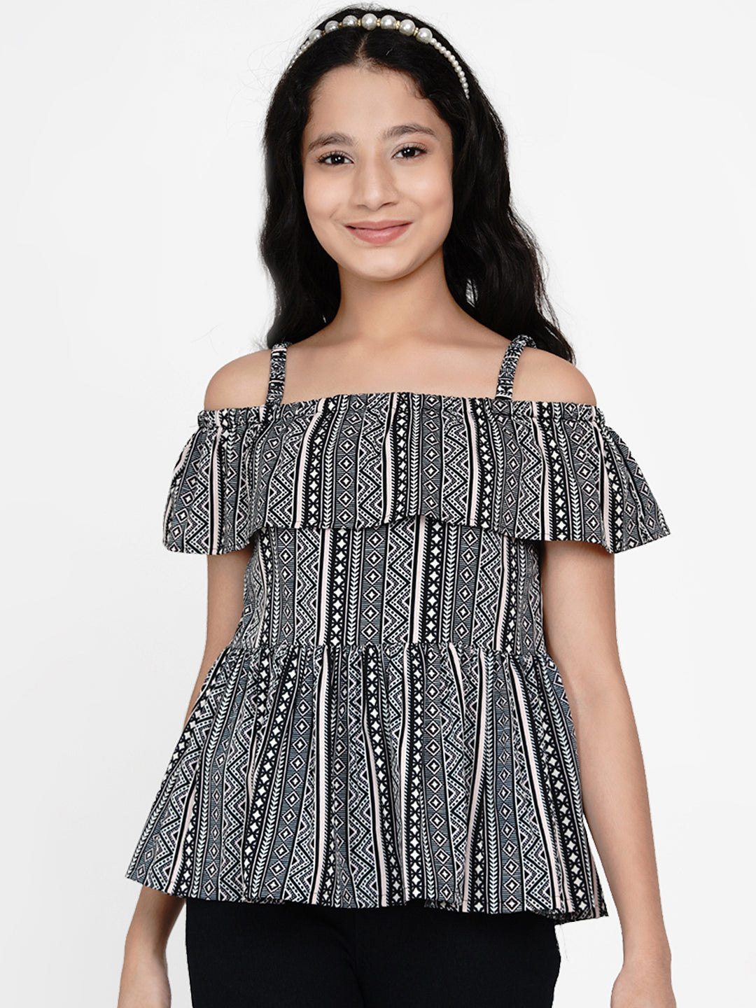 Girls Black & White Geometric Layered Peplum Top for Kids - Bhama - Distacart