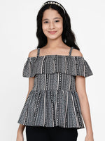 Thumbnail for Girls Black & White Geometric Layered Peplum Top for Kids - Bhama - Distacart