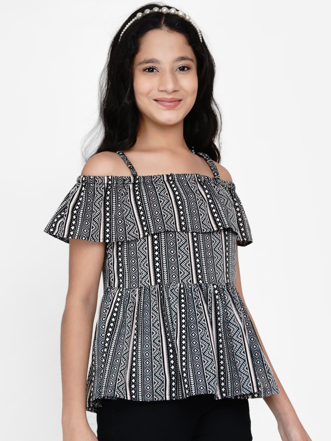 Girls Black & White Geometric Layered Peplum Top for Kids - Bhama - Distacart