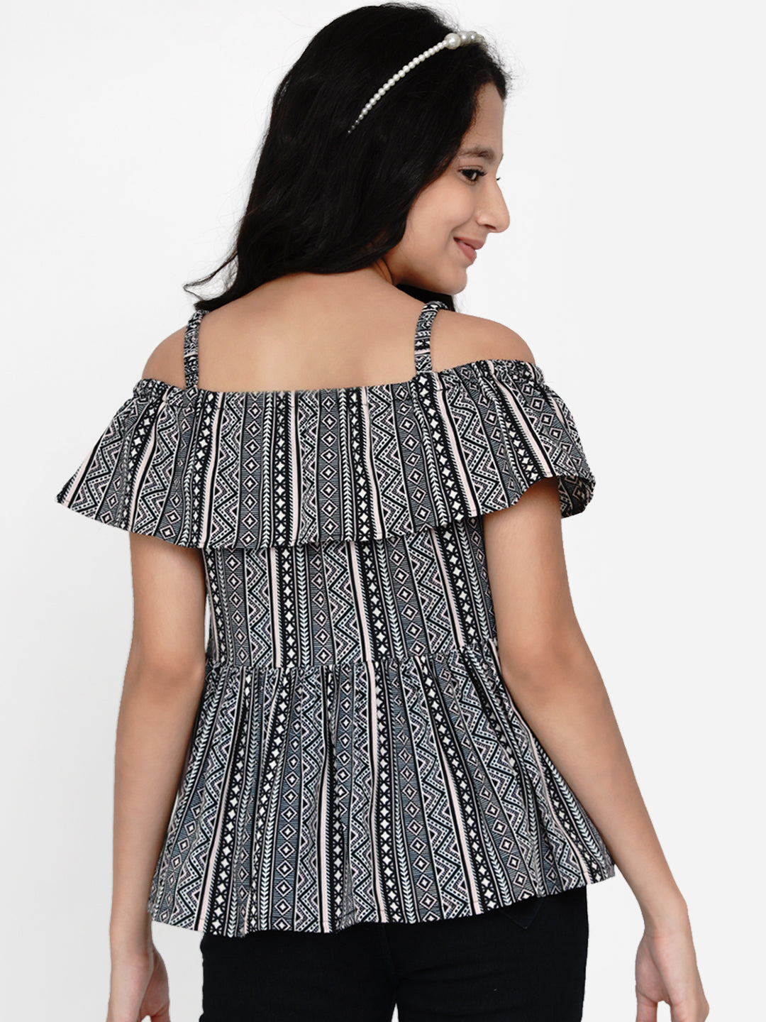 Girls Black & White Geometric Layered Peplum Top for Kids - Bhama - Distacart