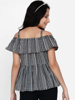 Thumbnail for Girls Black & White Geometric Layered Peplum Top for Kids - Bhama - Distacart