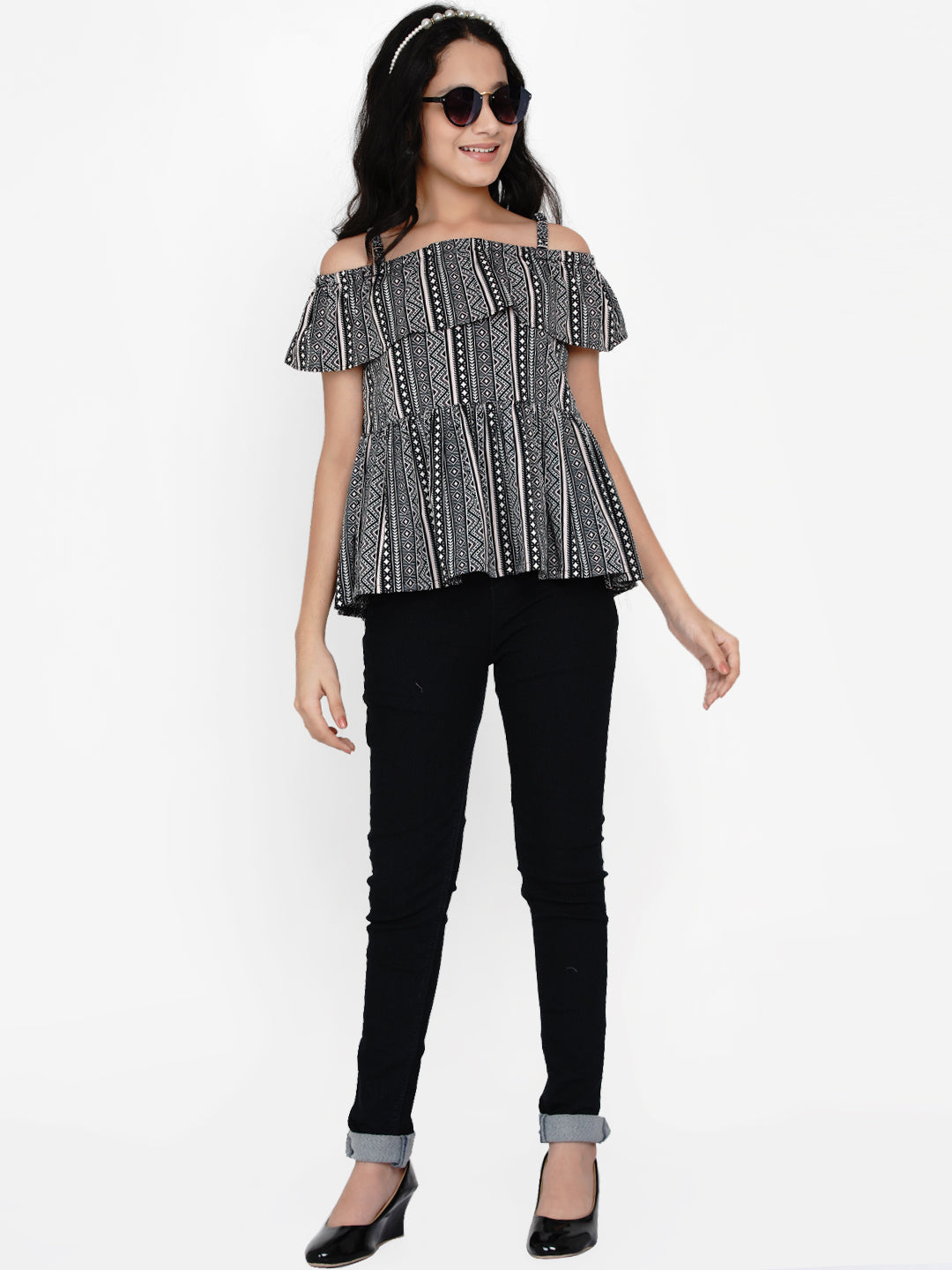 Girls Black & White Geometric Layered Peplum Top for Kids - Bhama - Distacart