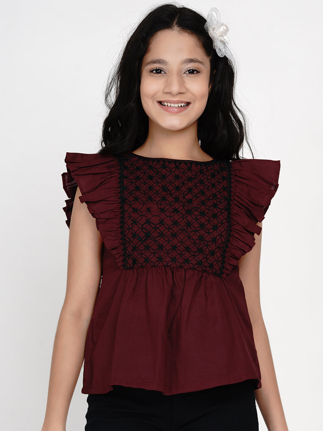 Maroon & Black Embroidered Top for Kids - Bhama - Distacart
