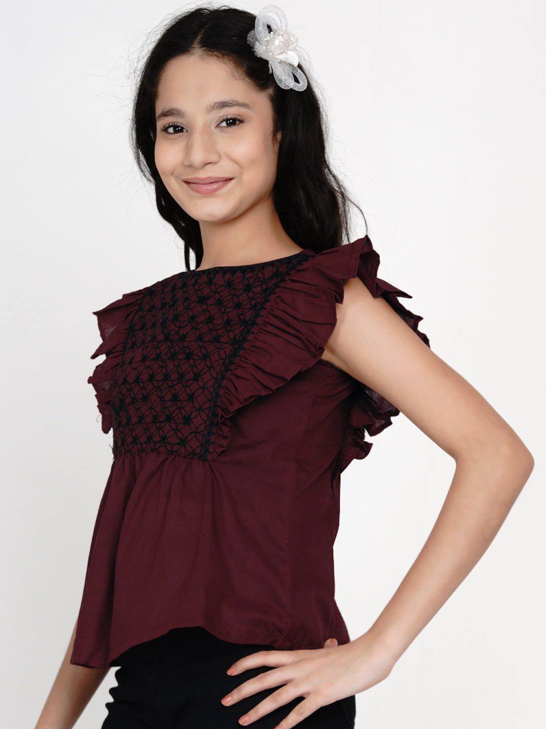 Maroon & Black Embroidered Top for Kids - Bhama - Distacart