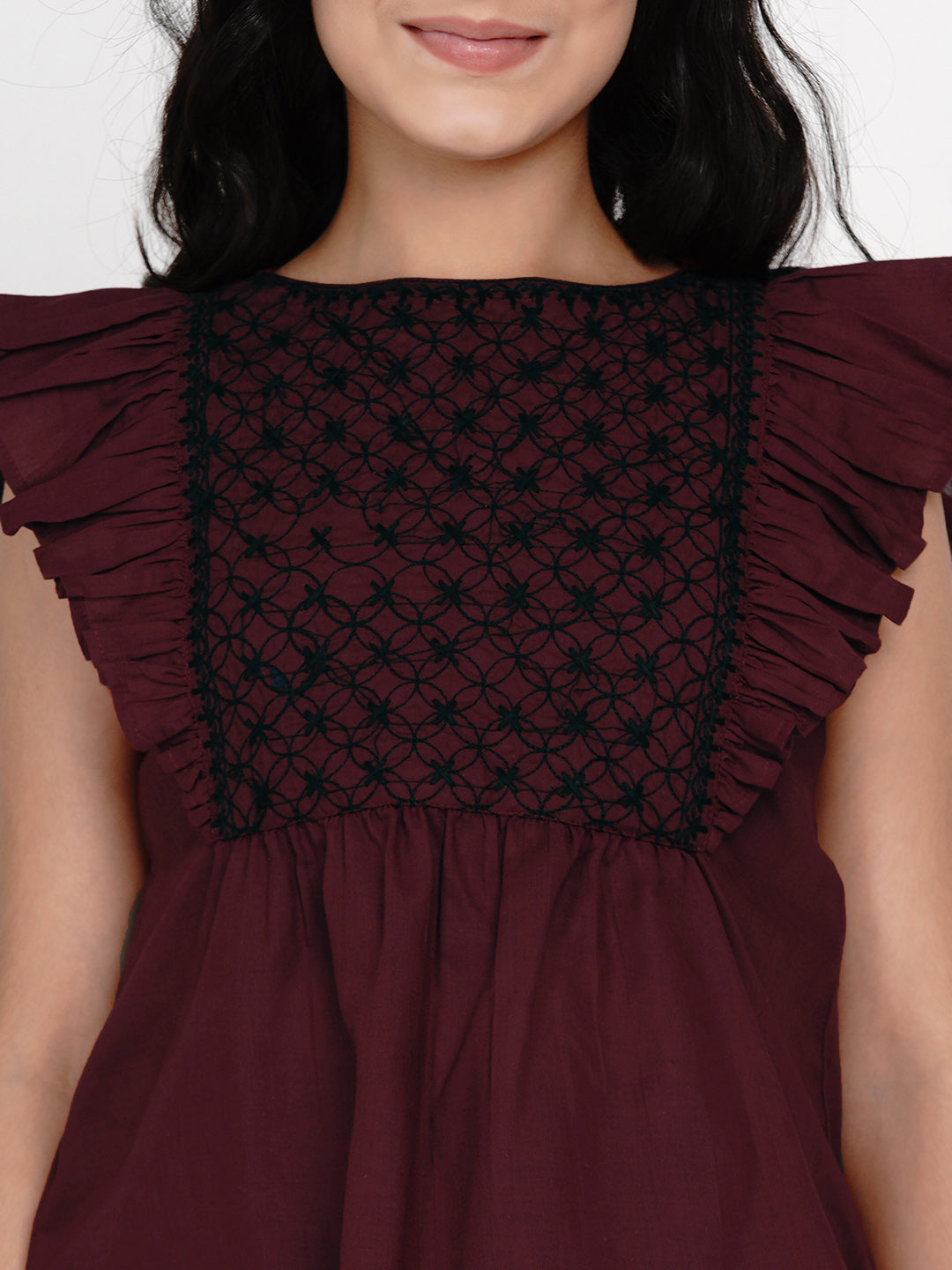 Maroon & Black Embroidered Top for Kids - Bhama - Distacart