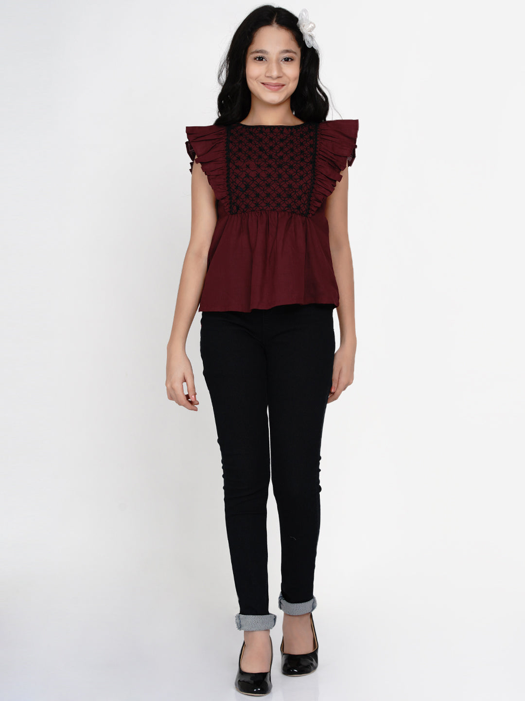 Maroon & Black Embroidered Top for Kids - Bhama - Distacart
