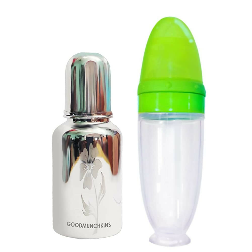 Goodmunchkins Stainless Steel Feeding Bottle 304 Grade Jointless & Spoon Food Feeder for Baby Nipple Feeder 220 ml Combo Pack-Green - Distacart