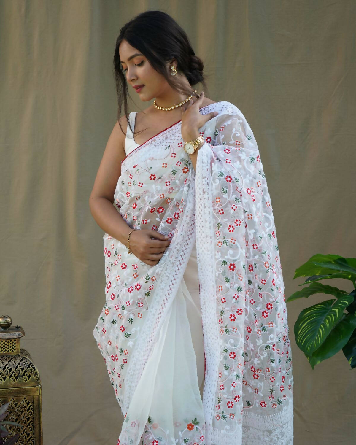 Vastrasky White Organza Saree - Distacart