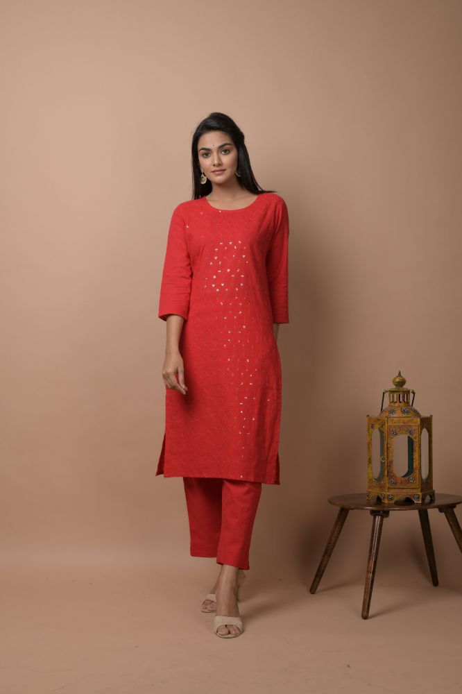 Kaajh Women's Red Solid Sequins Embellished Kurta Pant Set - Distacart