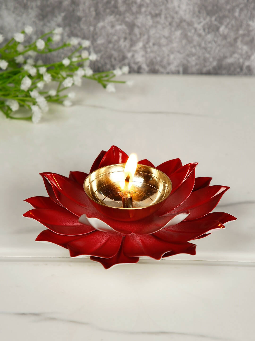 CraftVatika Red Lotus-Shaped Pooja Diya Oil Lamp - Distacart
