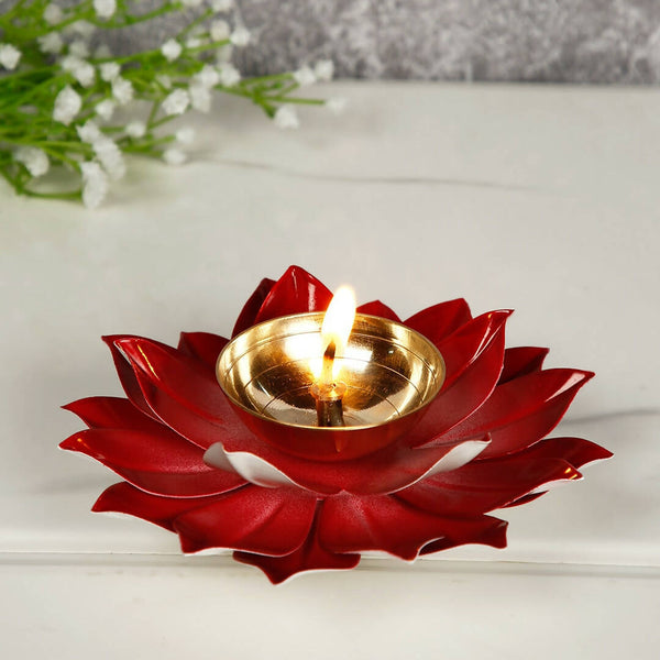CraftVatika Red Lotus-Shaped Pooja Diya Oil Lamp - Distacart