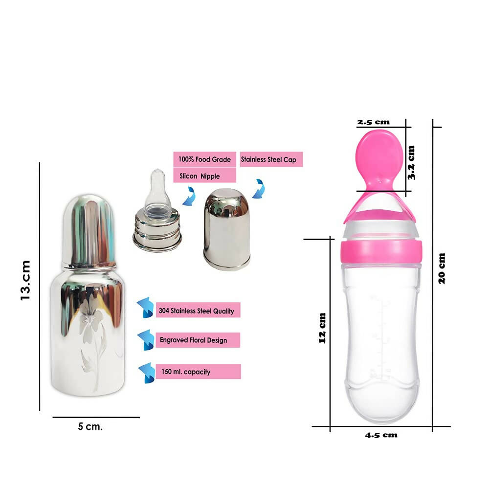 Goodmunchkins Stainless Steel Feeding Bottle & Spoon Food Feeder Anti Colic Silicone Nipple Combo-(Pink,150ml) - Distacart