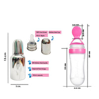 Thumbnail for Goodmunchkins Stainless Steel Feeding Bottle & Spoon Food Feeder Anti Colic Silicone Nipple Combo-(Pink,150ml) - Distacart