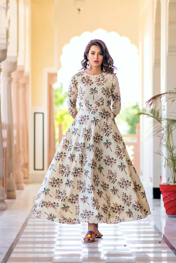 Partywear Designer Cream Pure Maslin Gown - Anbazaar - Distacart