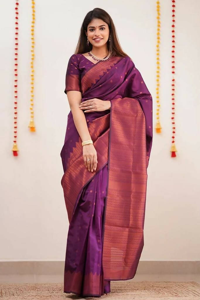 DEIANA'S Beautiful Golden Jari with New Design Soft Lichi Silk Saree - Wine - Distacart